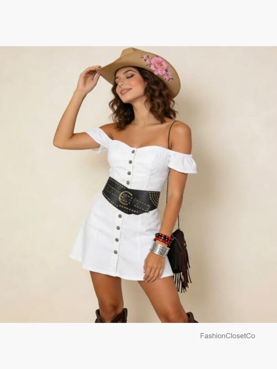 Wide Elastic Stretchy Waist Belt with Studs Rivets Metal Buckle
